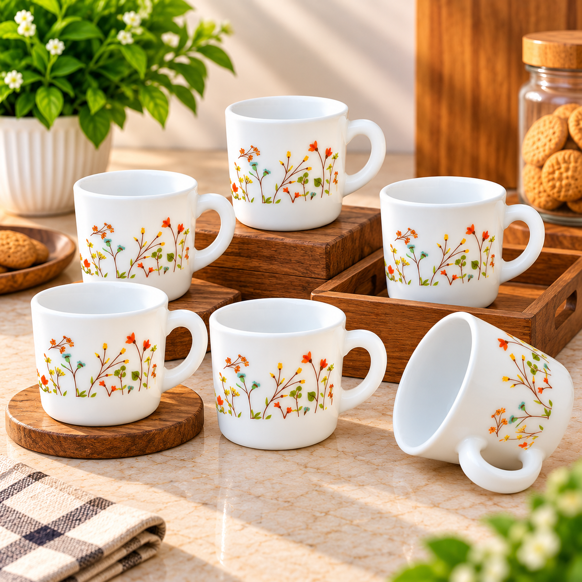 Cello Stella Hanging Garden Cup Set of 6, 100 ML Each | White Floral Printed Tea Cups for Tea, Coffee, Espresso, Green Tea & Serving | Elegant Small Cups for Home, Office and Gifting