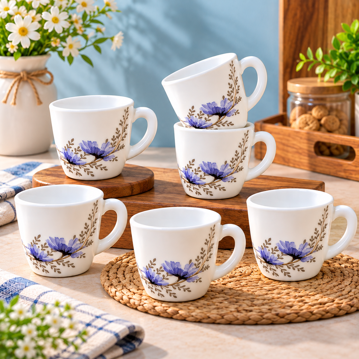 Larah Bellflower Cup 100 ML, Pack of 6 | Elegant White Tea Cups with Purple Floral Design | Small Coffee Cups for Tea, Coffee, Milk & Hot Beverages | Stylish Drinkware for Home & Office