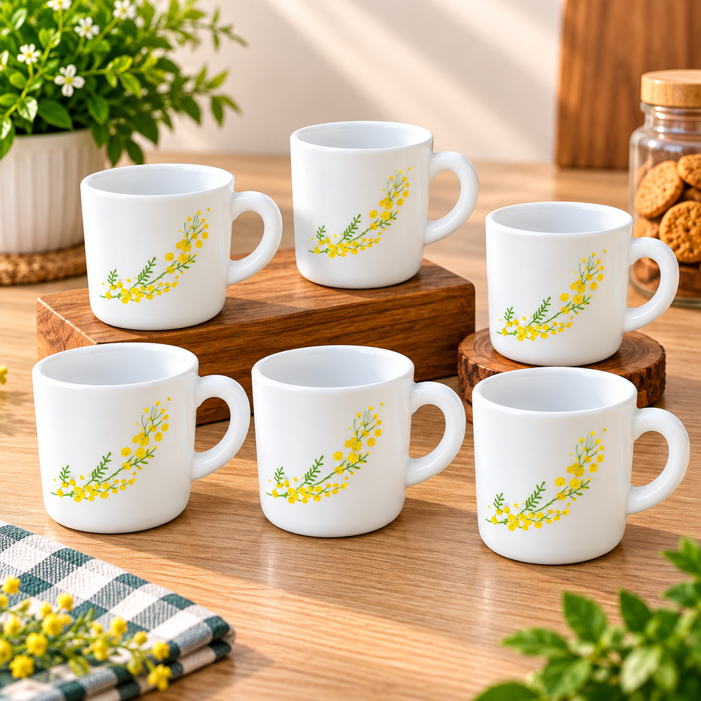 Cello Stella Girasol Cup Set of 6, 100 ML Each | White Floral Printed Tea and Coffee Cups | Yellow Flower Design Small Beverage Cups for Home, Office, Espresso, Green Tea and Gifting