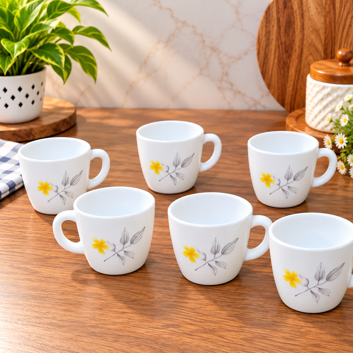 Cello Ricca Frangipani Cup Set 100 ML, Pack of 6 | White Cups with Yellow Floral Design | Stylish Tea and Coffee Cups for Home, Office and Everyday Use