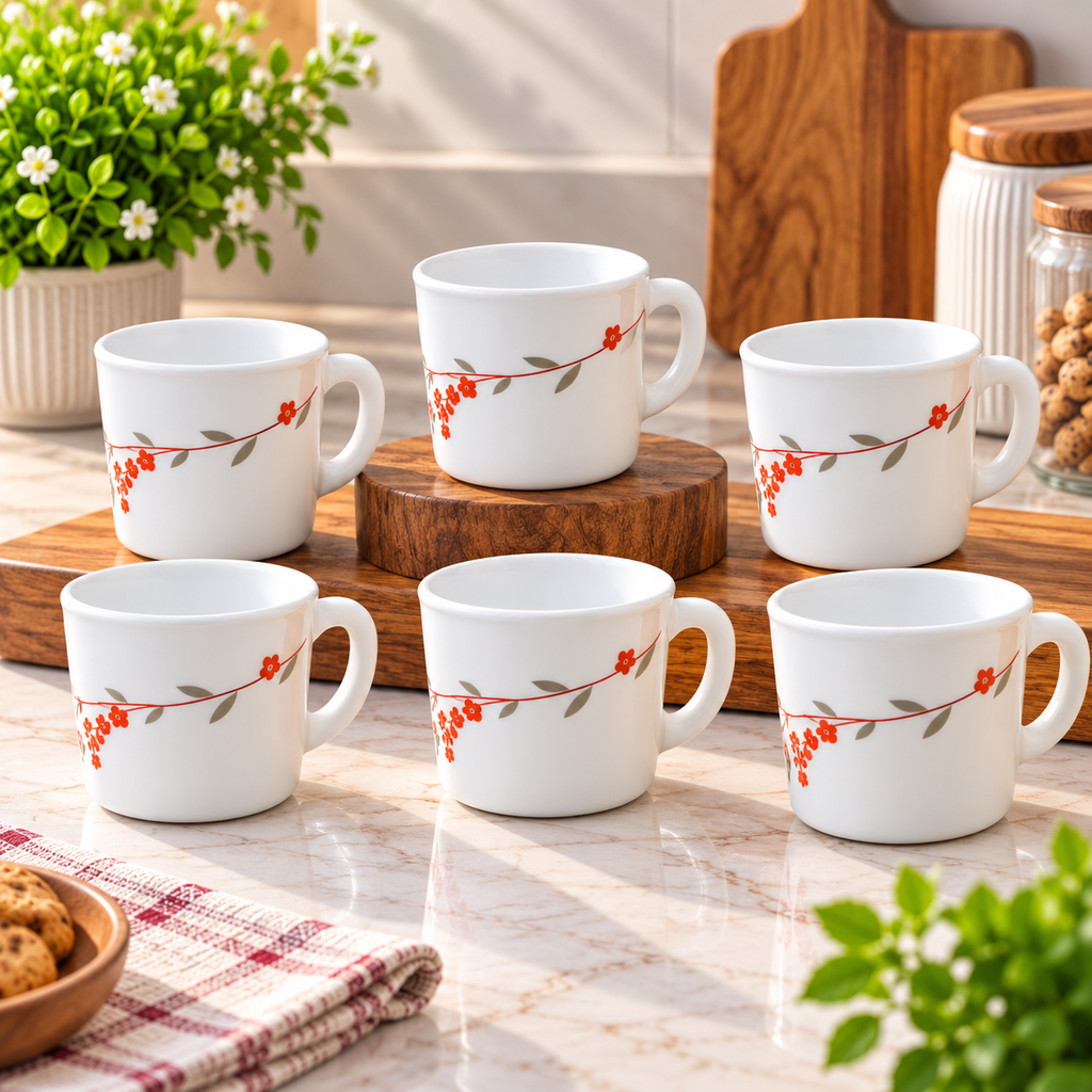 Larah Verona Cup Set of 6, 100ml Each | Elegant Red Floral Printed Tea Cups | Stylish White Small Coffee Cups for Home, Kitchen, Office, Guest Serving & Everyday Use