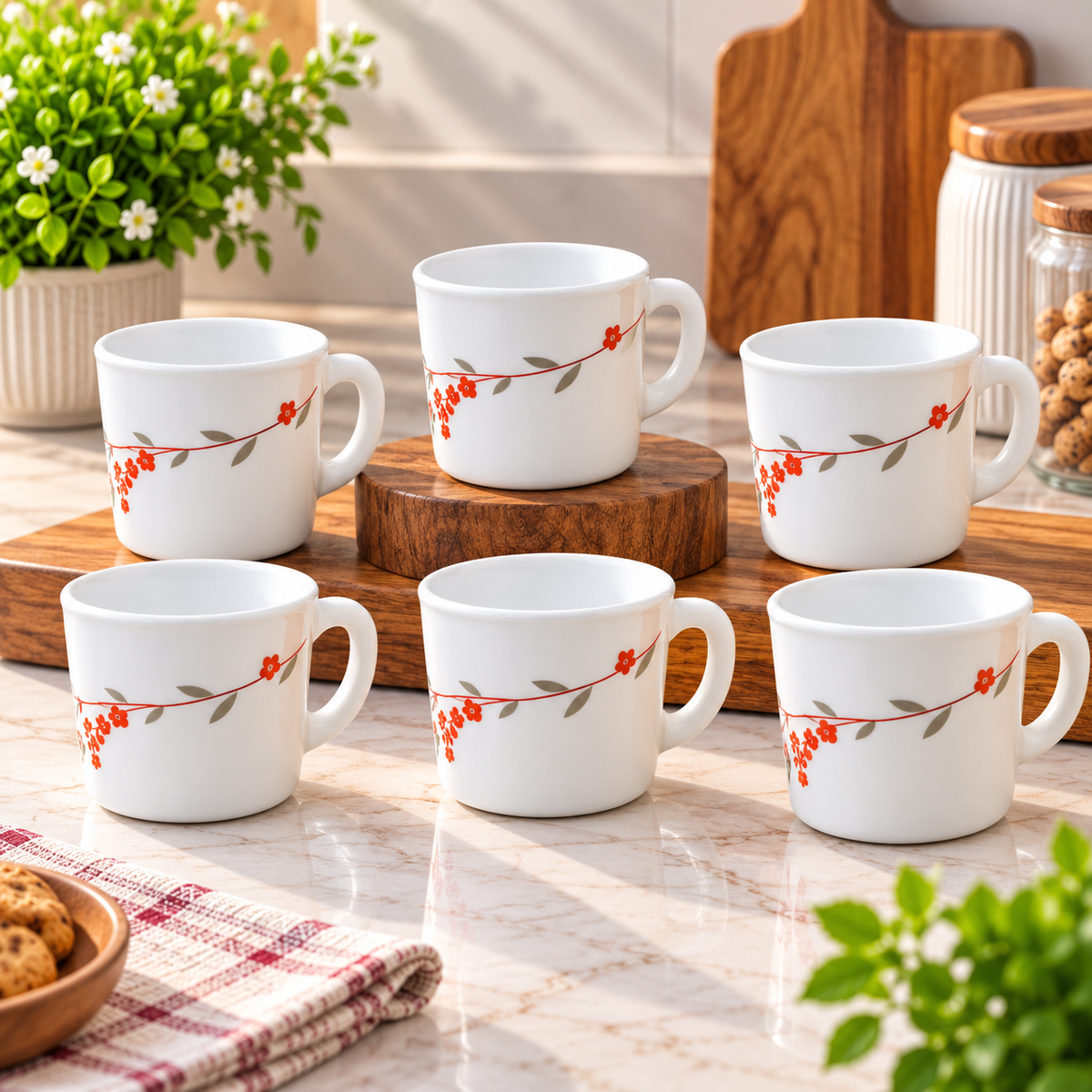 Larah Verona Cup Set of 6, 100ml Each | Elegant Red Floral Printed Tea Cups | Stylish White Small Coffee Cups for Home, Kitchen, Office, Guest Serving & Everyday Use
