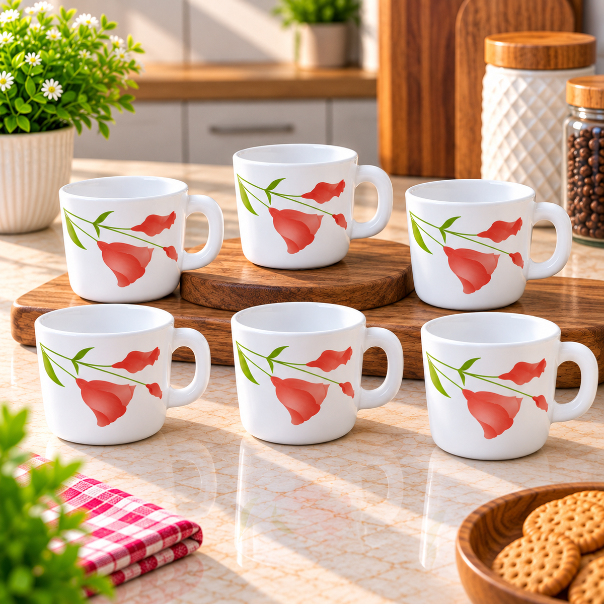 LARAH Red Diana Cup Set of 6, 100ML Each | Elegant Red Floral Printed Tea Cups | Stylish Cups for Tea, Coffee, Milk & Beverages | Premium Kitchen and Dining Crockery