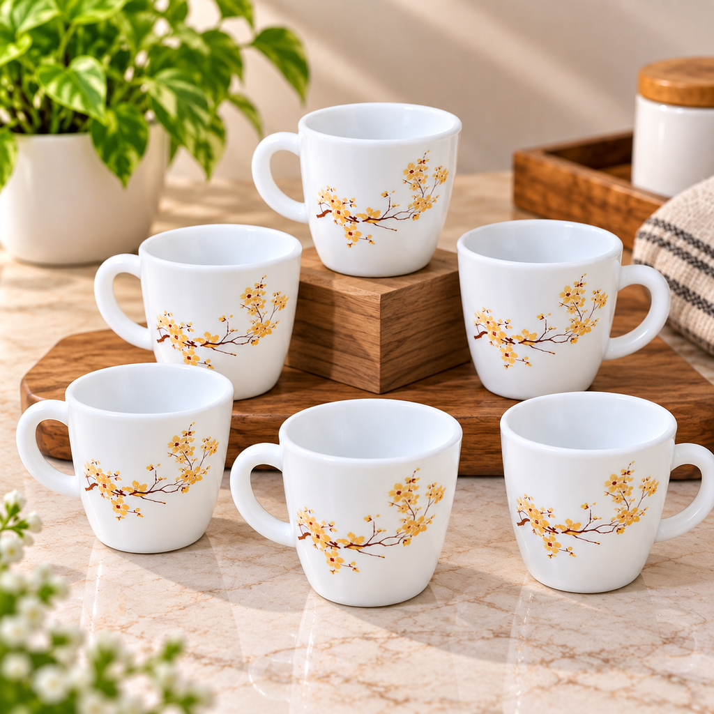 Cello Ricca Golden Mist Cup Set, 100 ML, Pack of 6 | White Printed Tea Cups with Golden Floral Branch Design | Stylish Cups for Tea, Coffee, Milk & Daily Use