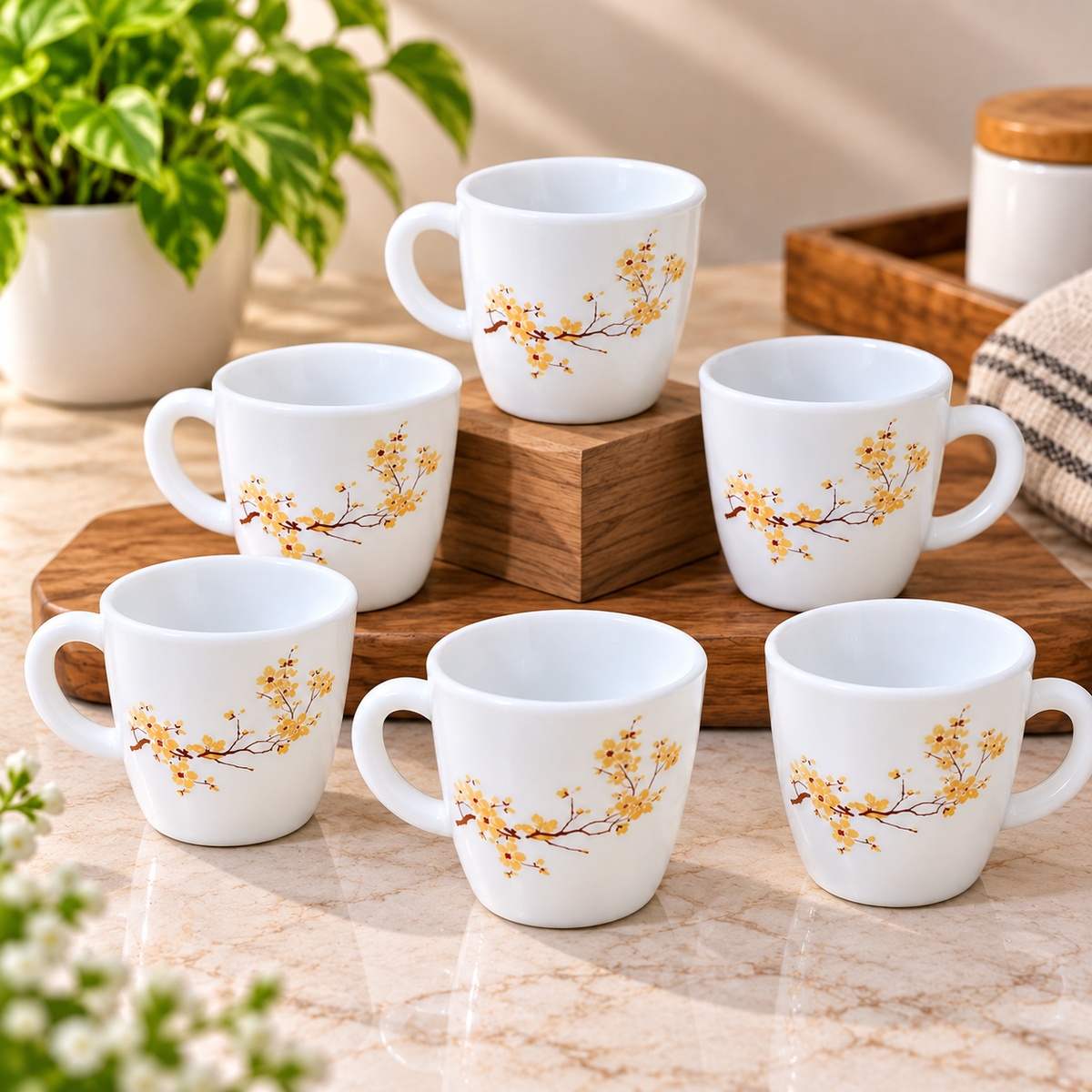 Cello Ricca Golden Mist Cup Set, 100 ML, Pack of 6 | White Printed Tea Cups with Golden Floral Branch Design | Stylish Cups for Tea, Coffee, Milk & Daily Use