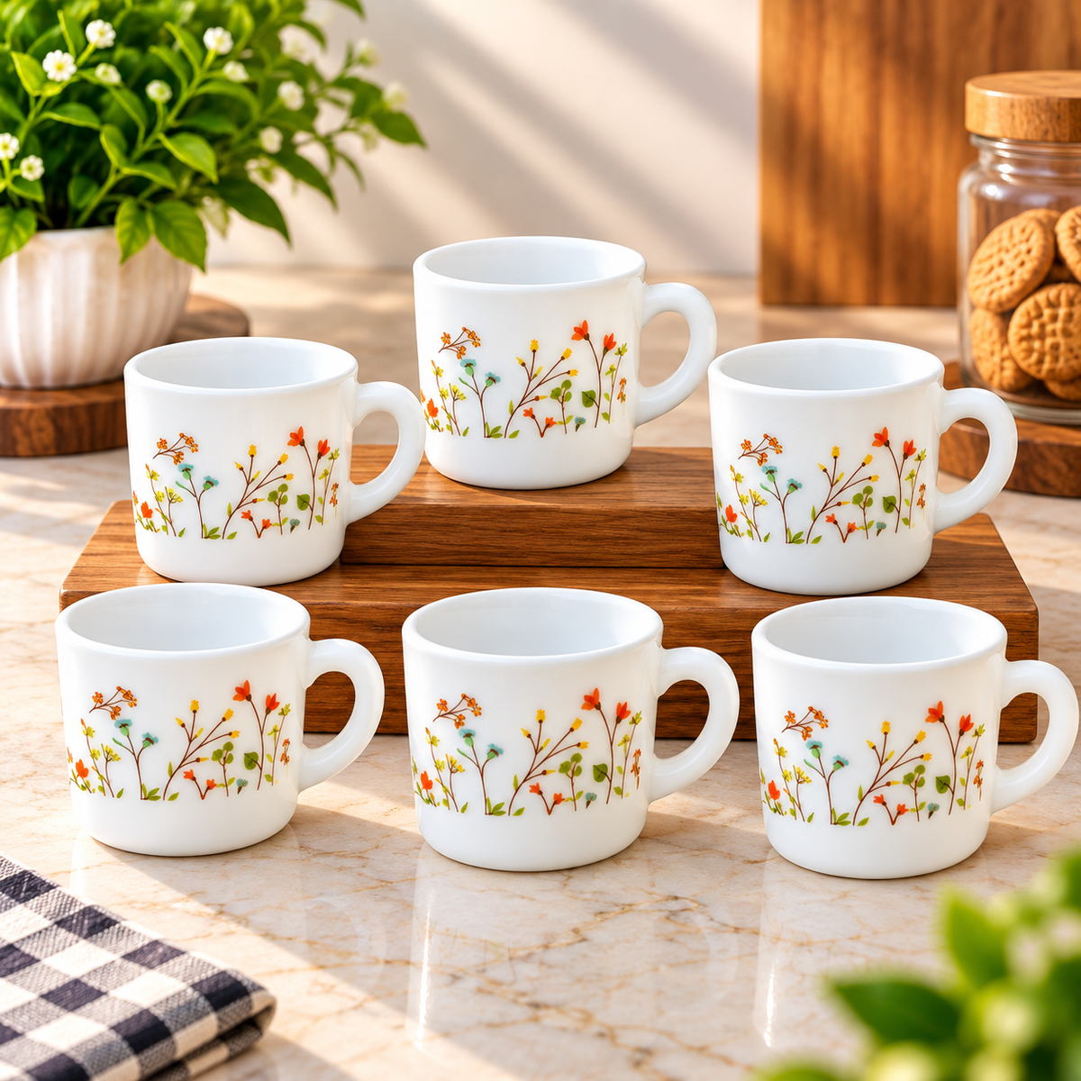 Cello Stella Hanging Garden Cup Set of 6, 100 ML Each | White Floral Printed Tea Cups for Tea, Coffee, Espresso, Green Tea & Serving | Elegant Small Cups for Home, Office and Gifting