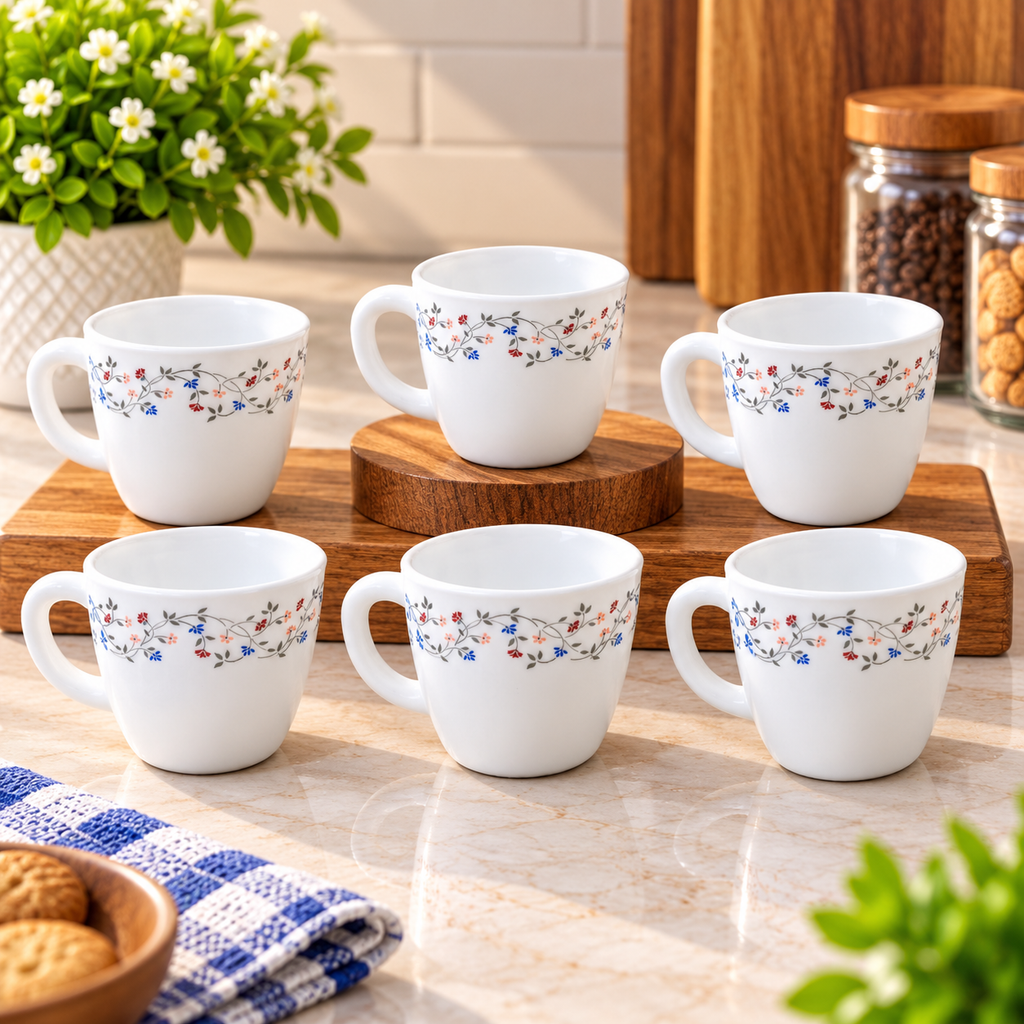 LARAH Primrose Cup Set of 6, 100ML Each | Premium Floral Design Tea Cups | Elegant Printed Cups for Tea, Coffee, Milk & Beverages | Stylish Cups for Home, Kitchen & Gifting