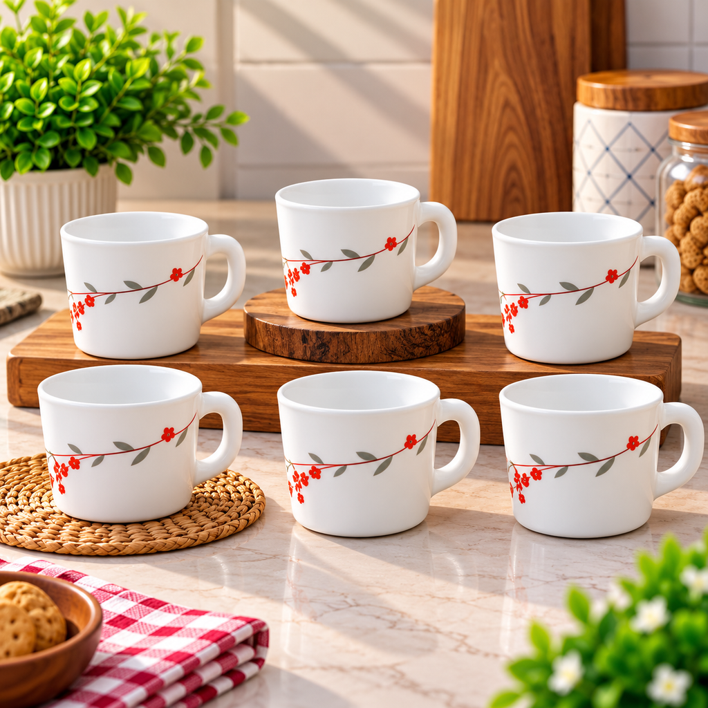 Larah Verona Cup Set of 6, 100ml Each | Elegant Red Floral Printed Tea Cups | Stylish White Small Coffee Cups for Home, Kitchen, Office, Guest Serving & Everyday Use