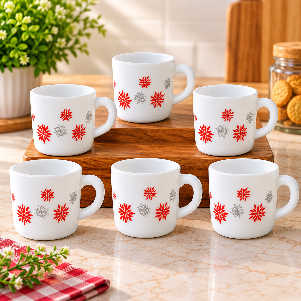 Cello Stella Magical Star Cup Set of 6, 100 ML Each | White Floral Printed Tea and Coffee Cups | Red and Grey Star Flower Design Small Beverage Cups for Home, Office, Espresso and Gifting