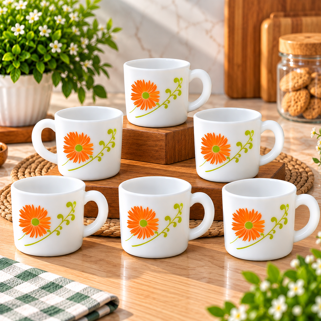 Cello Stella Cup Livid Lilac 100ml Set of 6, White Cups with Orange Floral Design | Small Tea Coffee Cups for Espresso, Milk, Serving Guests & Everyday Use