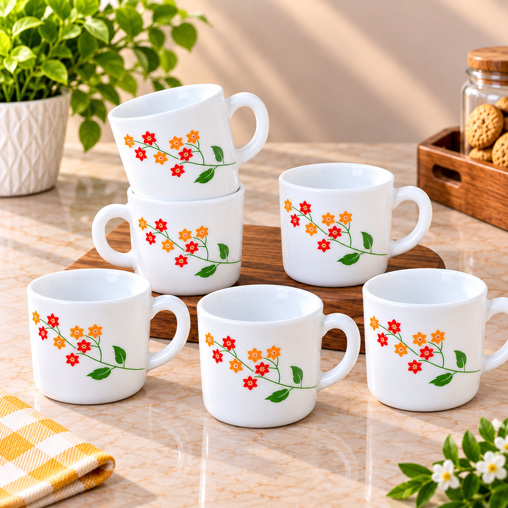 Cello Stella Cup Secret Garden 100 ml, Set of 6 Floral Printed Cups, Elegant White Tea Cups for Tea, Coffee, Espresso, Milk and Beverages, Stylish Small Cups for Home, Office and Gifting