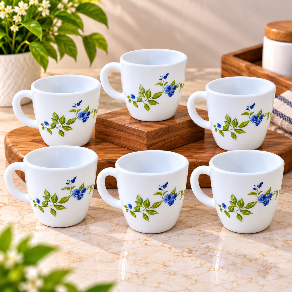 Cello Ricca Moon Rose Cup Set, 100 ML, Pack of 6 | White Printed Tea Cups with Blue Floral Design | Stylish Cups for Tea, Coffee, Milk & Daily Use