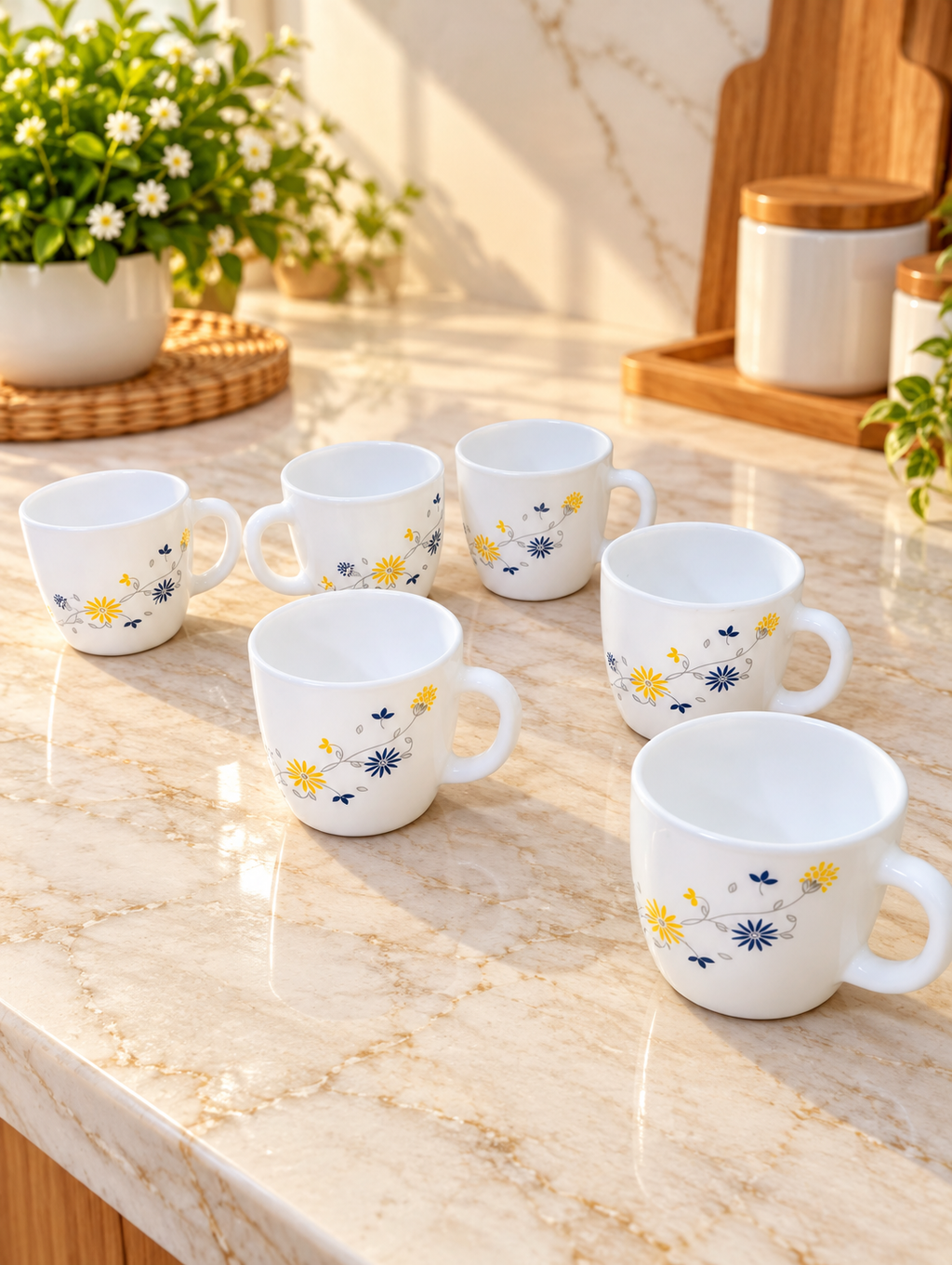 Cello Ricca Blooming Daisy Cup Set of 6, 100 ML Each | Floral Printed Tea Cups for Tea, Coffee, Milk & Beverages | Elegant White Cups for Daily Use, Home, Kitchen & Gifting