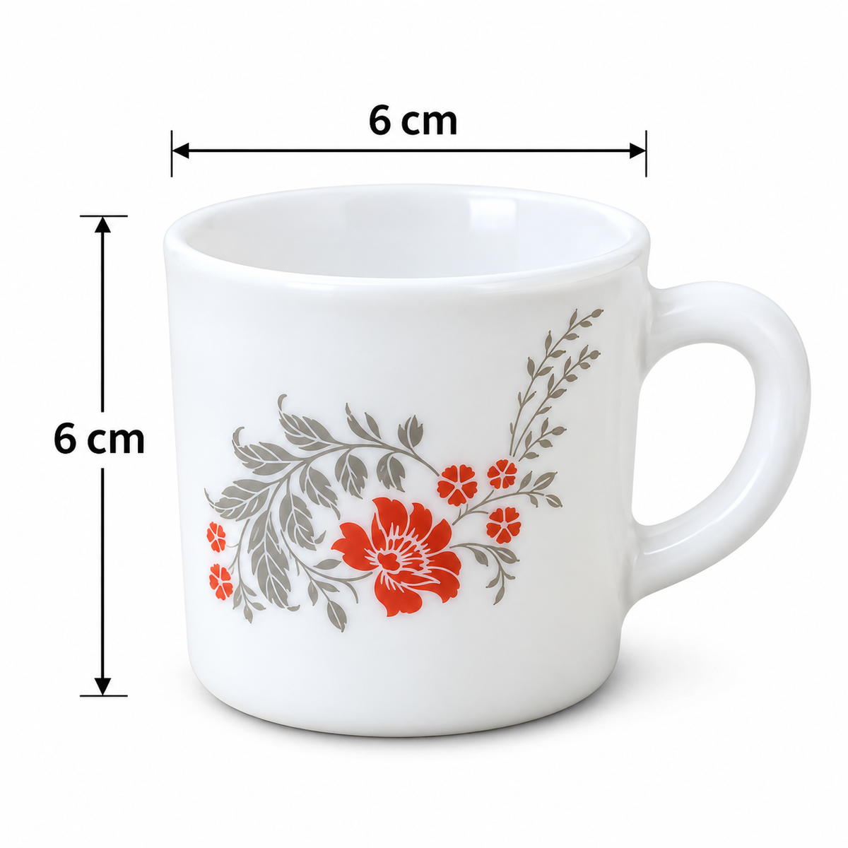 Cello Stella Cup Scarlet Bliss 100 ml, Set of 6 Floral Printed Cups, Elegant White Tea Cups for Tea, Coffee, Espresso, Milk and Beverages, Stylish Small Cups for Home, Office and Gifting