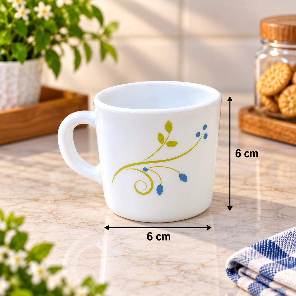 Cello Stella Tropical Lagoon Cup Set of 6, 100 ML Each | White Printed Tea Cups with Elegant Green and Blue Floral Design | Small Cups for Tea, Coffee, Milk and Serving Beverages