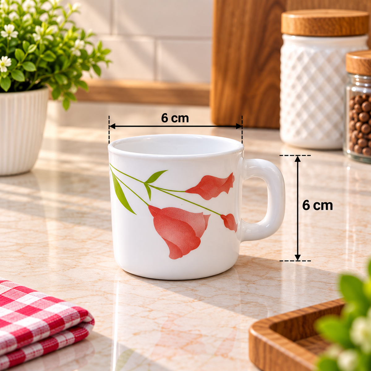 LARAH Red Diana Cup Set of 6, 100ML Each | Elegant Red Floral Printed Tea Cups | Stylish Cups for Tea, Coffee, Milk & Beverages | Premium Kitchen and Dining Crockery