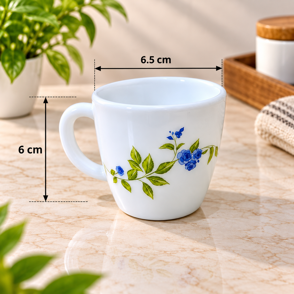 Cello Ricca Moon Rose Cup Set, 100 ML, Pack of 6 | White Printed Tea Cups with Blue Floral Design | Stylish Cups for Tea, Coffee, Milk & Daily Use