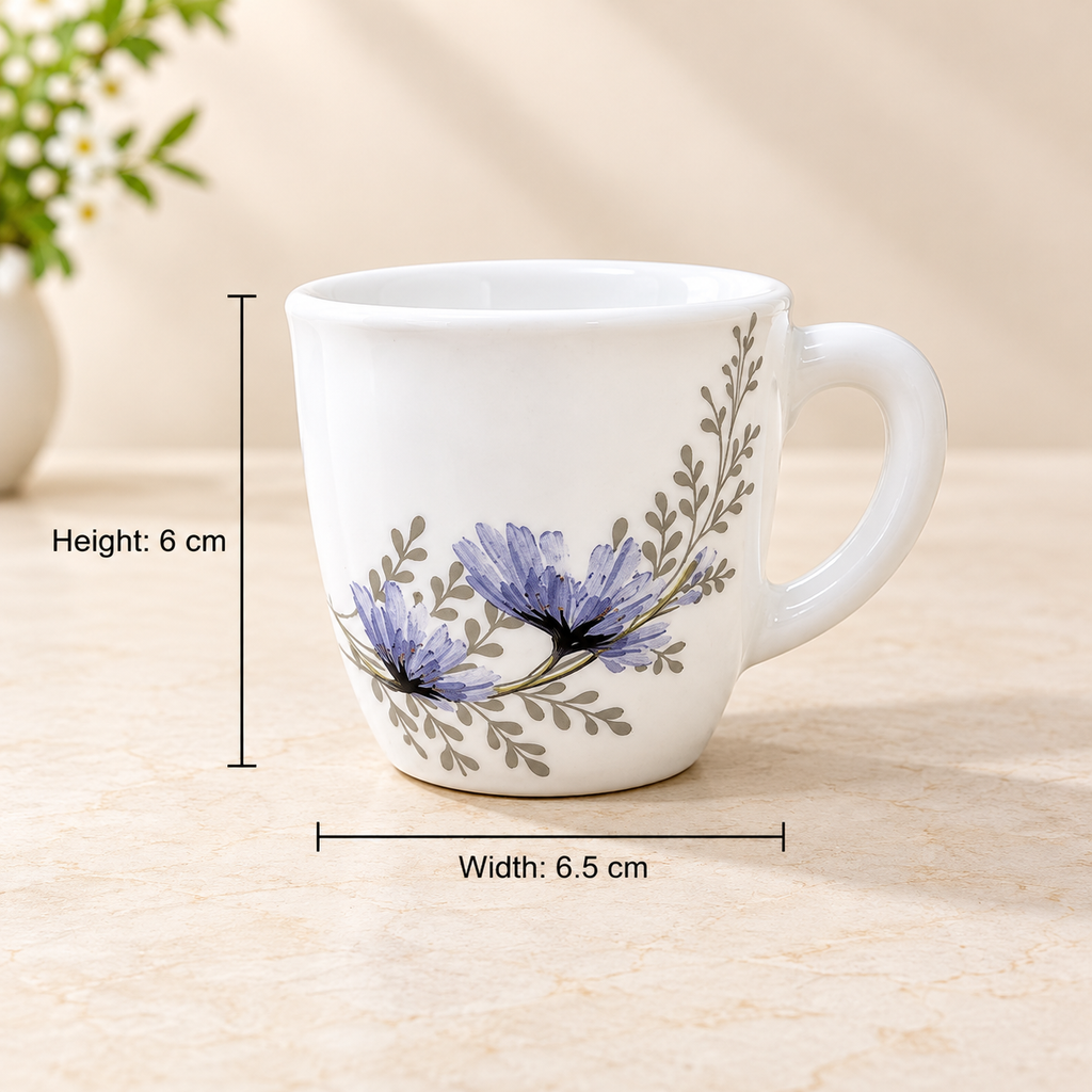 Larah Bellflower Cup 100 ML, Pack of 6 | Elegant White Tea Cups with Purple Floral Design | Small Coffee Cups for Tea, Coffee, Milk & Hot Beverages | Stylish Drinkware for Home & Office