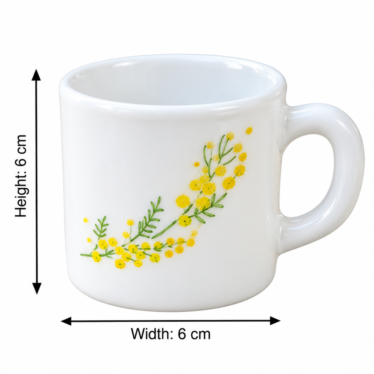Cello Stella Girasol Cup Set of 6, 100 ML Each | White Floral Printed Tea and Coffee Cups | Yellow Flower Design Small Beverage Cups for Home, Office, Espresso, Green Tea and Gifting