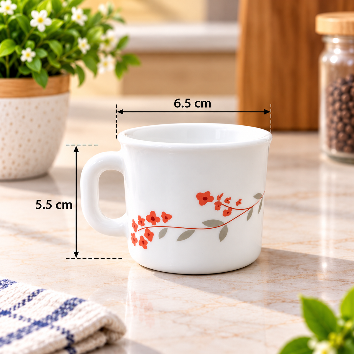 Larah Verona Cup Set of 6, 100ml Each | Elegant Red Floral Printed Tea Cups | Stylish White Small Coffee Cups for Home, Kitchen, Office, Guest Serving & Everyday Use