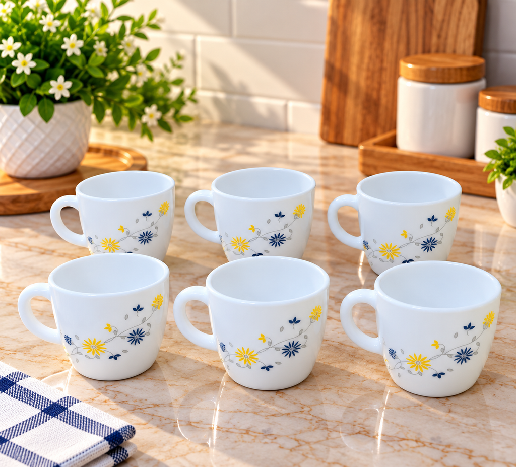 Cello Ricca Blooming Daisy Cup Set of 6, 100 ML Each | Floral Printed Tea Cups for Tea, Coffee, Milk & Beverages | Elegant White Cups for Daily Use, Home, Kitchen & Gifting