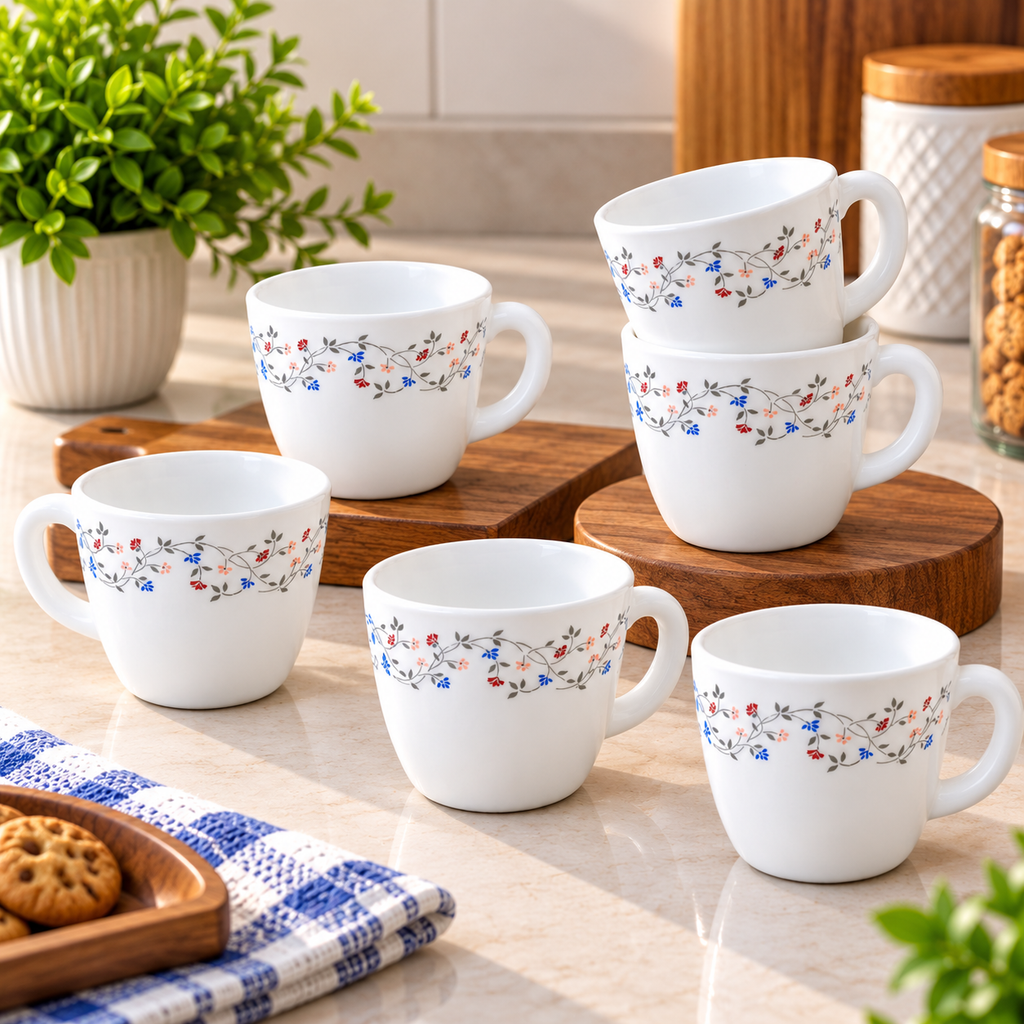 LARAH Primrose Cup Set of 6, 100ML Each | Premium Floral Design Tea Cups | Elegant Printed Cups for Tea, Coffee, Milk & Beverages | Stylish Cups for Home, Kitchen & Gifting
