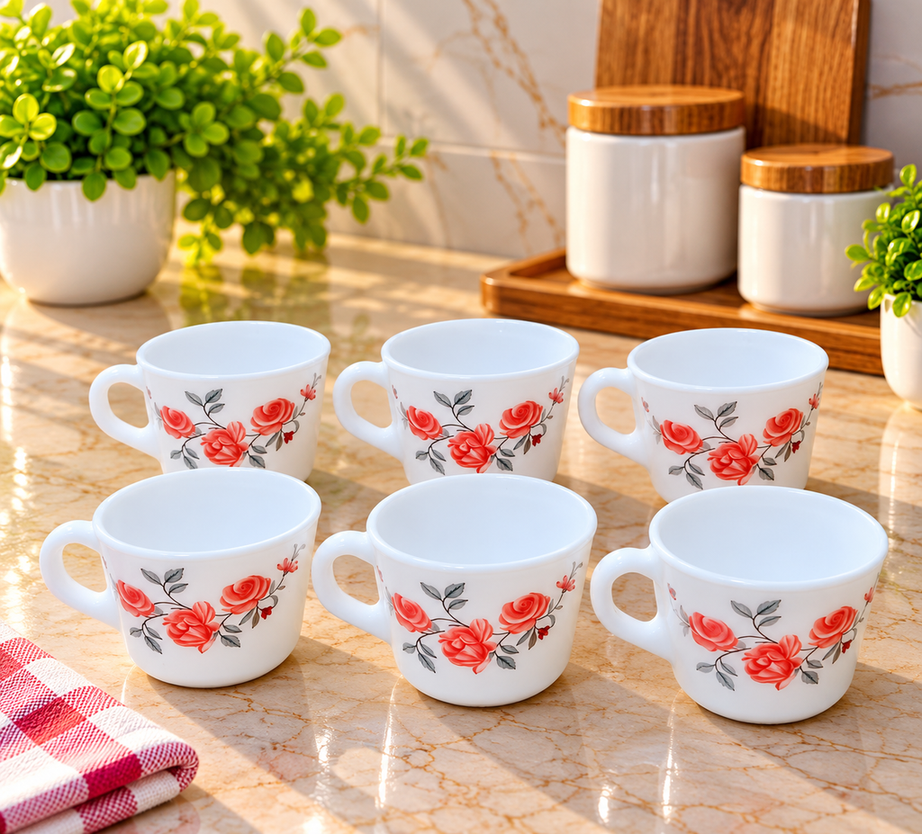 Cello Prince Red Rose Fantasy Cup Set of 6, 130 ML Each | Elegant Red Rose Printed White Tea Cups for Tea, Coffee & Milk | Floral Beverage Cups for Home, Kitchen, Office & Gifting