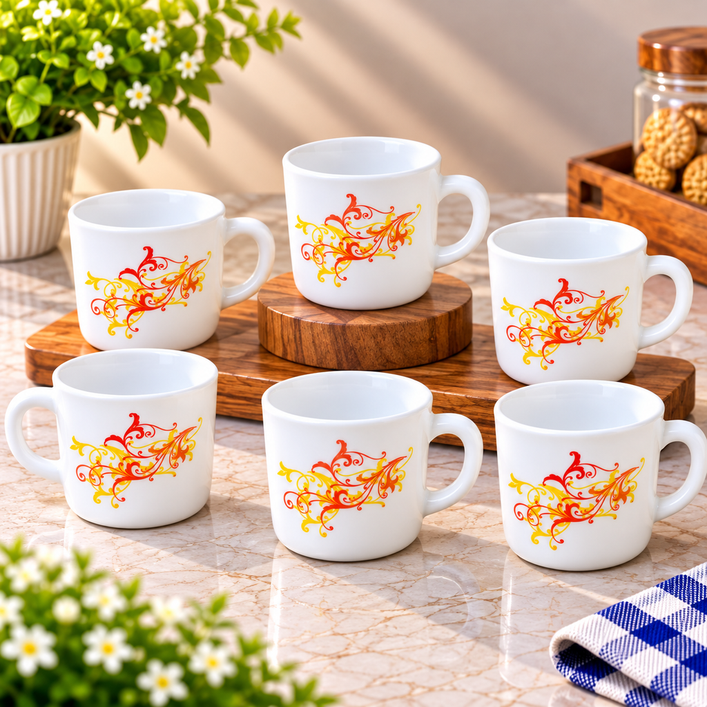 Cello Stella Yellow Scroll Cup Set of 6, 100 ML Each | White Printed Tea Cups with Elegant Red and Yellow Scroll Design | Small Cups for Tea, Coffee, Milk and Beverage Serving