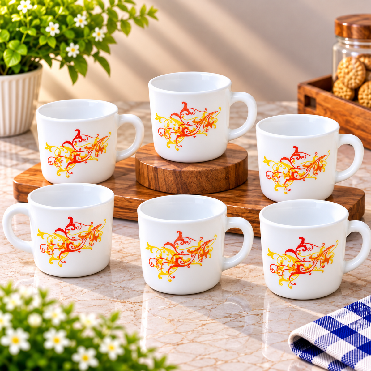 Cello Stella Yellow Scroll Cup Set of 6, 100 ML Each | White Printed Tea Cups with Elegant Red and Yellow Scroll Design | Small Cups for Tea, Coffee, Milk and Beverage Serving
