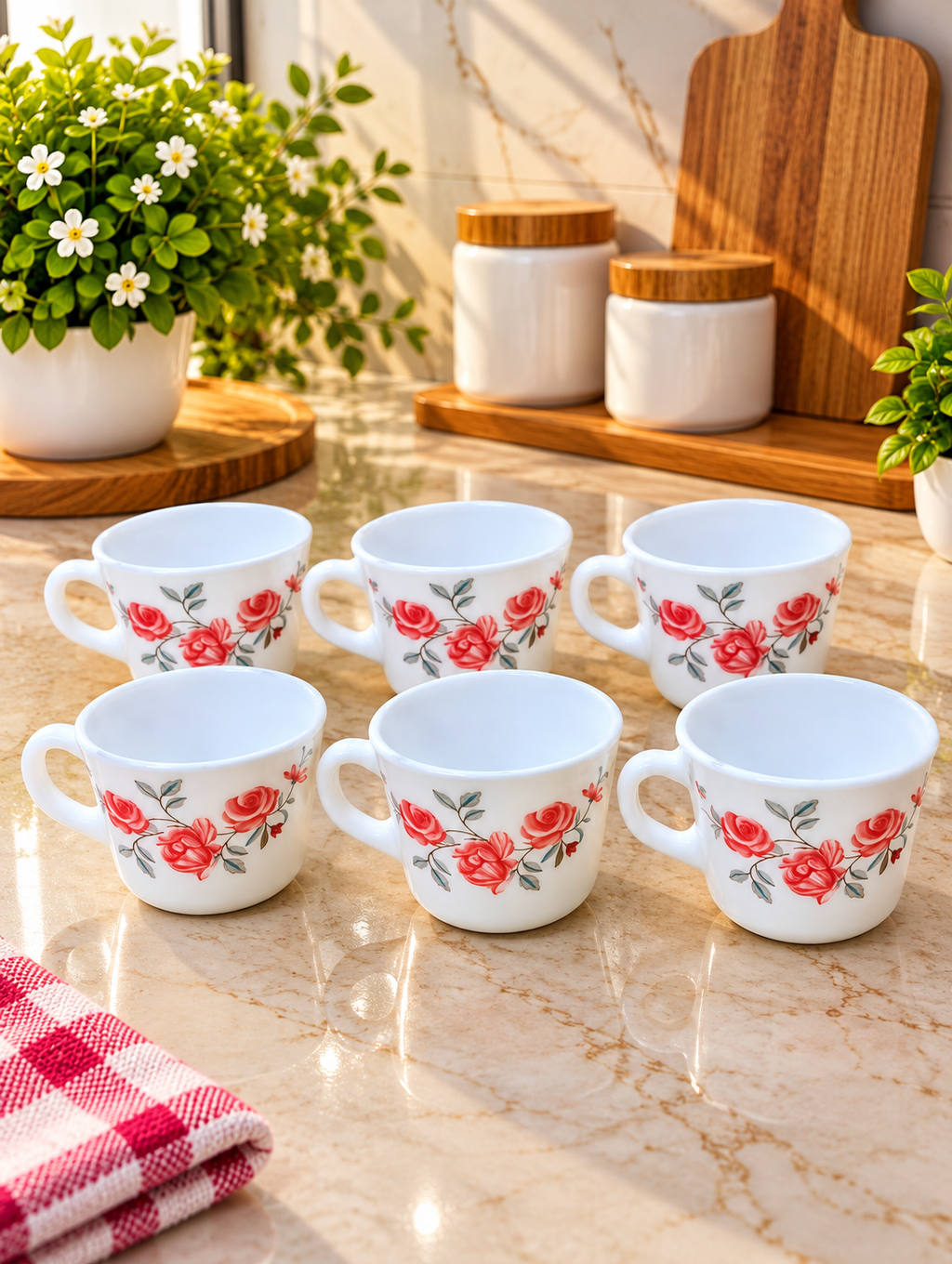 Cello Prince Red Rose Fantasy Cup Set of 6, 130 ML Each | Elegant Red Rose Printed White Tea Cups for Tea, Coffee & Milk | Floral Beverage Cups for Home, Kitchen, Office & Gifting
