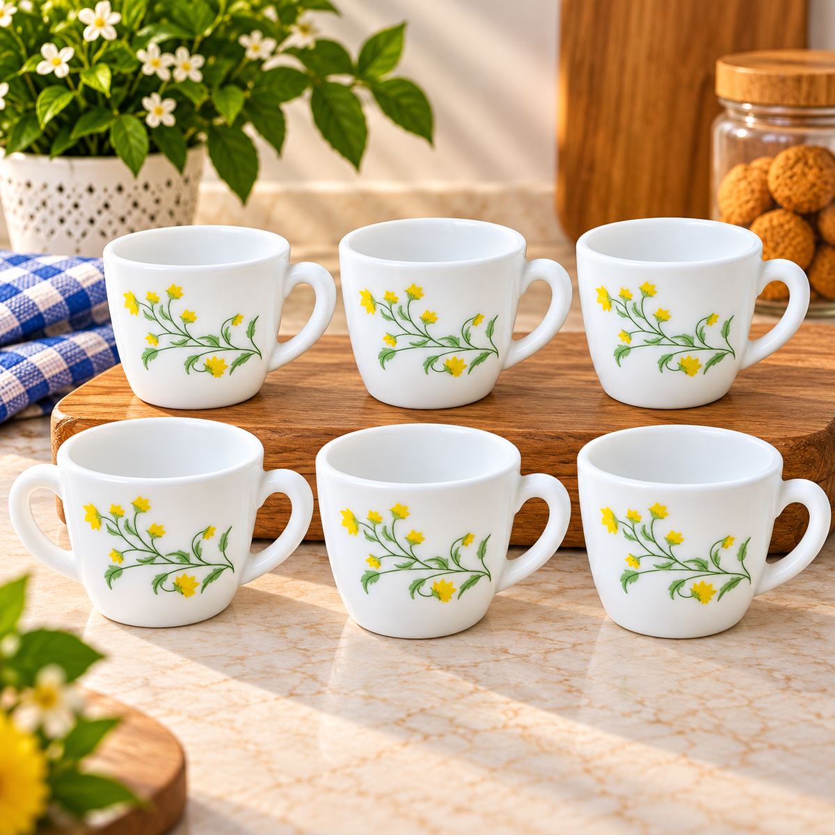 Cello Ricca Yellow Grapevine Cup Set of 6, 100 ML | White Tea Cups with Yellow Floral Vine Design | Stylish Small Cups for Tea, Coffee, Milk, Espresso & Everyday Use