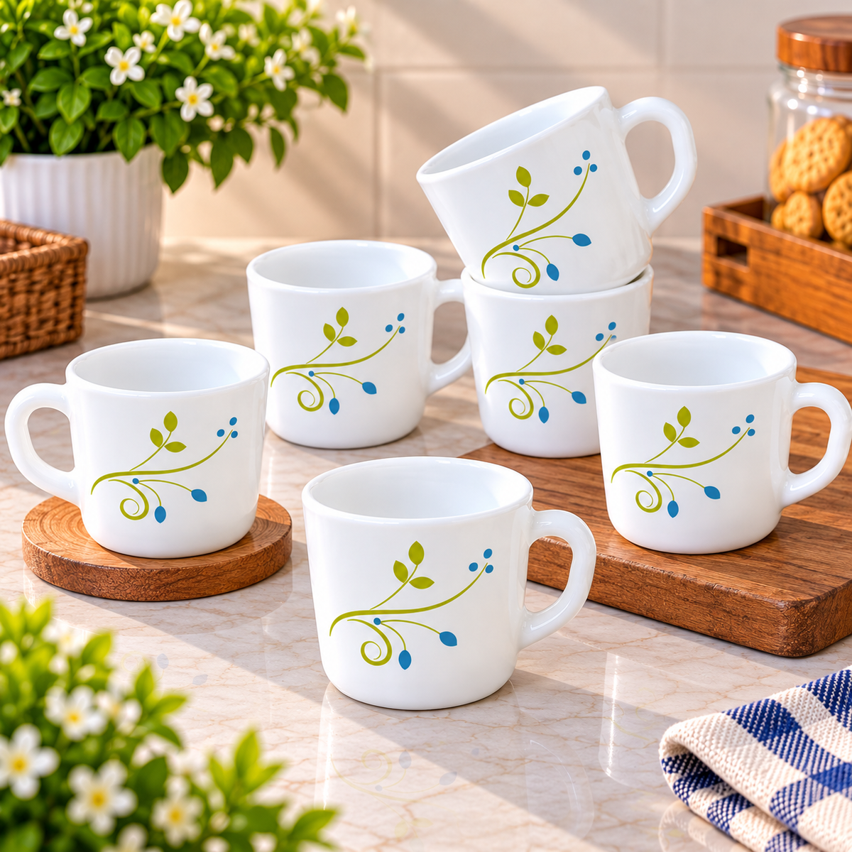Cello Stella Tropical Lagoon Cup Set of 6, 100 ML Each | White Printed Tea Cups with Elegant Green and Blue Floral Design | Small Cups for Tea, Coffee, Milk and Serving Beverages