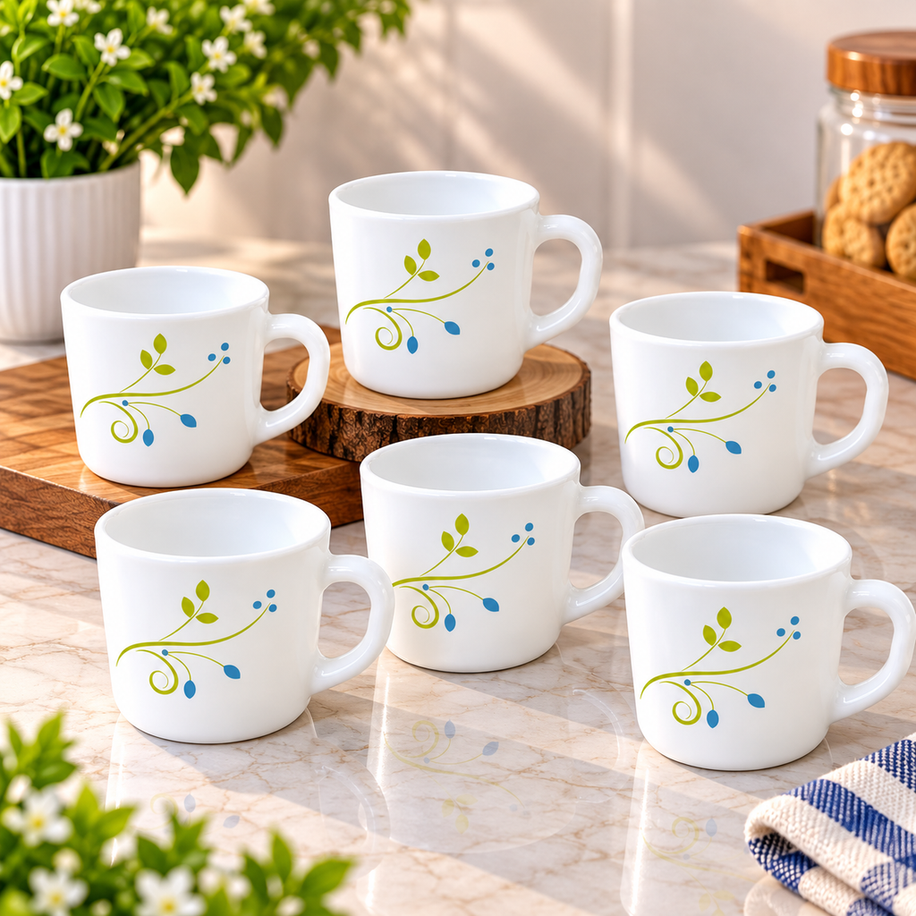 Cello Stella Tropical Lagoon Cup Set of 6, 100 ML Each | White Printed Tea Cups with Elegant Green and Blue Floral Design | Small Cups for Tea, Coffee, Milk and Serving Beverages