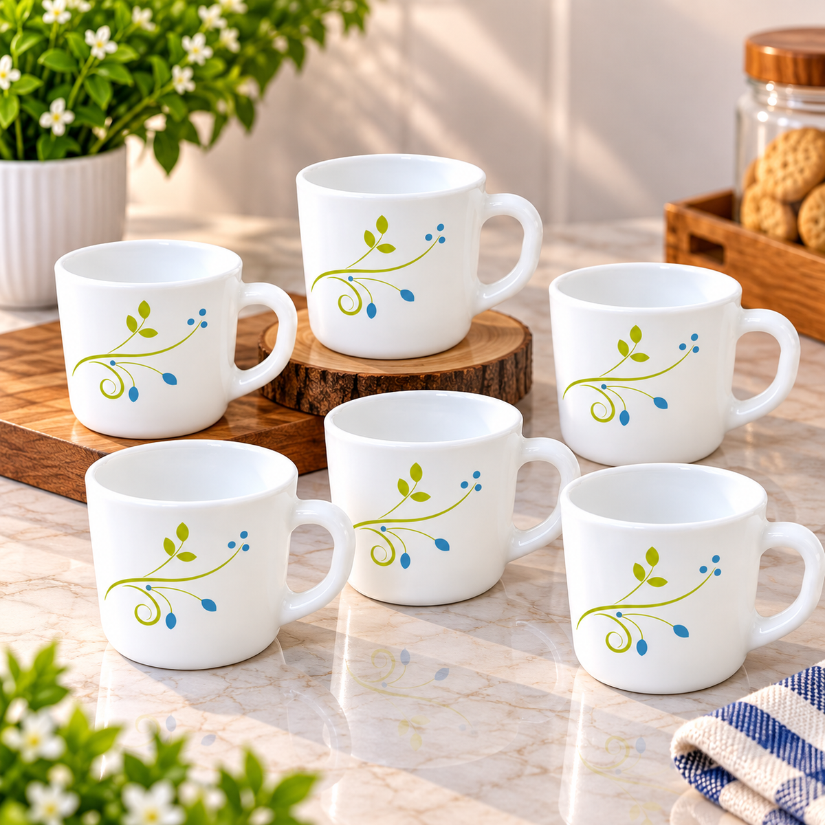 Cello Stella Tropical Lagoon Cup Set of 6, 100 ML Each | White Printed Tea Cups with Elegant Green and Blue Floral Design | Small Cups for Tea, Coffee, Milk and Serving Beverages