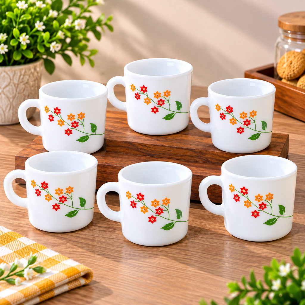 Cello Stella Cup Secret Garden 100 ml, Set of 6 Floral Printed Cups, Elegant White Tea Cups for Tea, Coffee, Espresso, Milk and Beverages, Stylish Small Cups for Home, Office and Gifting