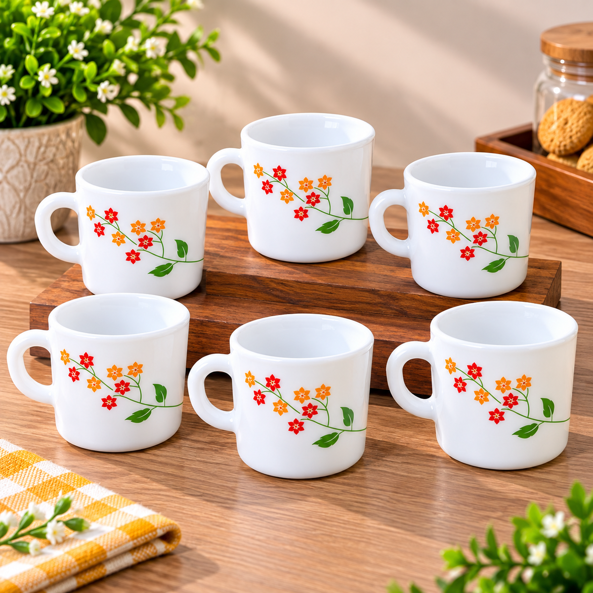 Cello Stella Cup Secret Garden 100 ml, Set of 6 Floral Printed Cups, Elegant White Tea Cups for Tea, Coffee, Espresso, Milk and Beverages, Stylish Small Cups for Home, Office and Gifting