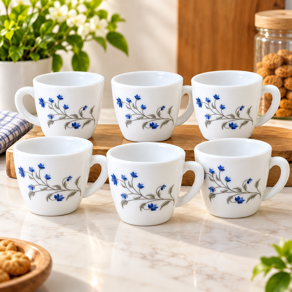 Cello Ricca Vinea Cup Set of 6, 100 ML | White Tea Cups with Elegant Blue Floral Vine Design | Stylish Small Cups for Tea, Coffee, Milk, Espresso and Daily Use