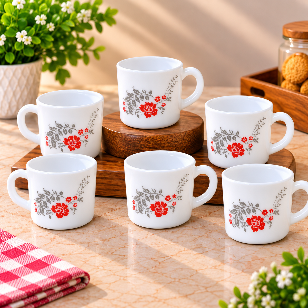 Cello Stella Cup Scarlet Bliss 100 ml, Set of 6 Floral Printed Cups, Elegant White Tea Cups for Tea, Coffee, Espresso, Milk and Beverages, Stylish Small Cups for Home, Office and Gifting