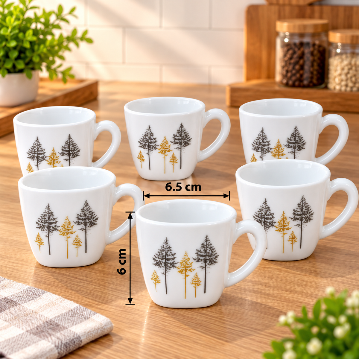Cello Vogue Golden Pine Cup Set of 6, 100 ML Each | White Floral Printed Tea Cups with Golden & Black Pine Tree Design | Stylish Cups for Tea, Coffee & Milk | Elegant Kitchen Drinkware Set