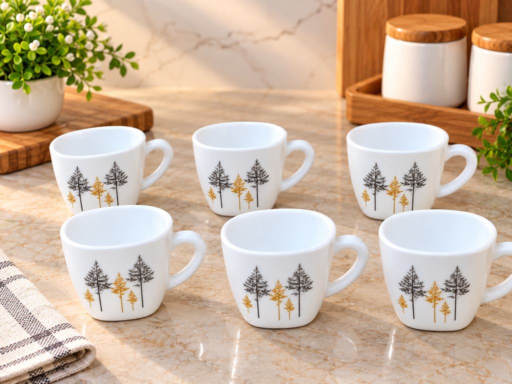 Cello Vogue Golden Pine Cup Set of 6, 100 ML Each | White Floral Printed Tea Cups with Golden & Black Pine Tree Design | Stylish Cups for Tea, Coffee & Milk | Elegant Kitchen Drinkware Set