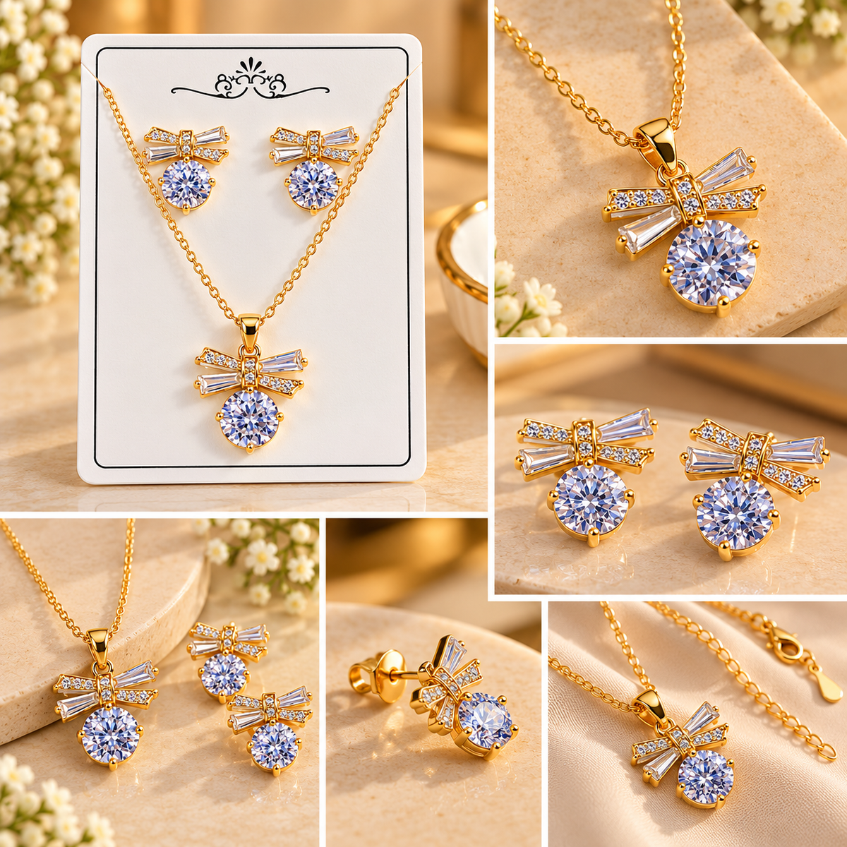 Gold Plated Bow Pendant Necklace and Earrings Set for Women & Girls | Elegant Cubic Zirconia Jewelry Set with Matching Stud Earrings | Party Wear, Wedding, Birthday & Gifting
