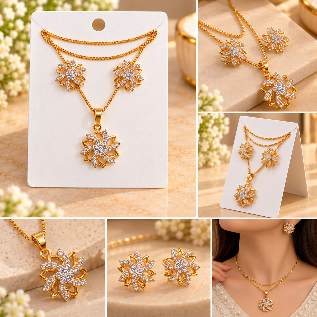 Writing      Gold Plated Floral Necklace and Earrings Set for Women & Girls | Elegant Flower Pendant Jewellery Set with Matching Earrings | Sparkling Party Wear, Wedding, Festive Wear & Gift