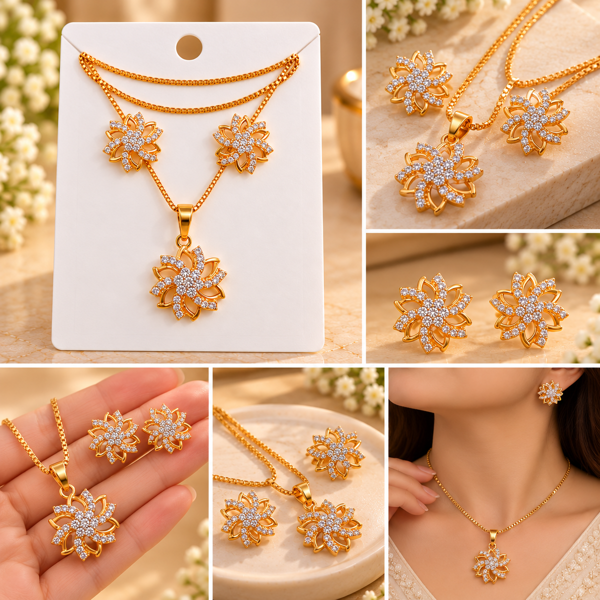 Writing      Gold Plated Floral Necklace and Earrings Set for Women & Girls | Elegant Flower Pendant Jewellery Set with Matching Earrings | Sparkling Party Wear, Wedding, Festive Wear & Gift