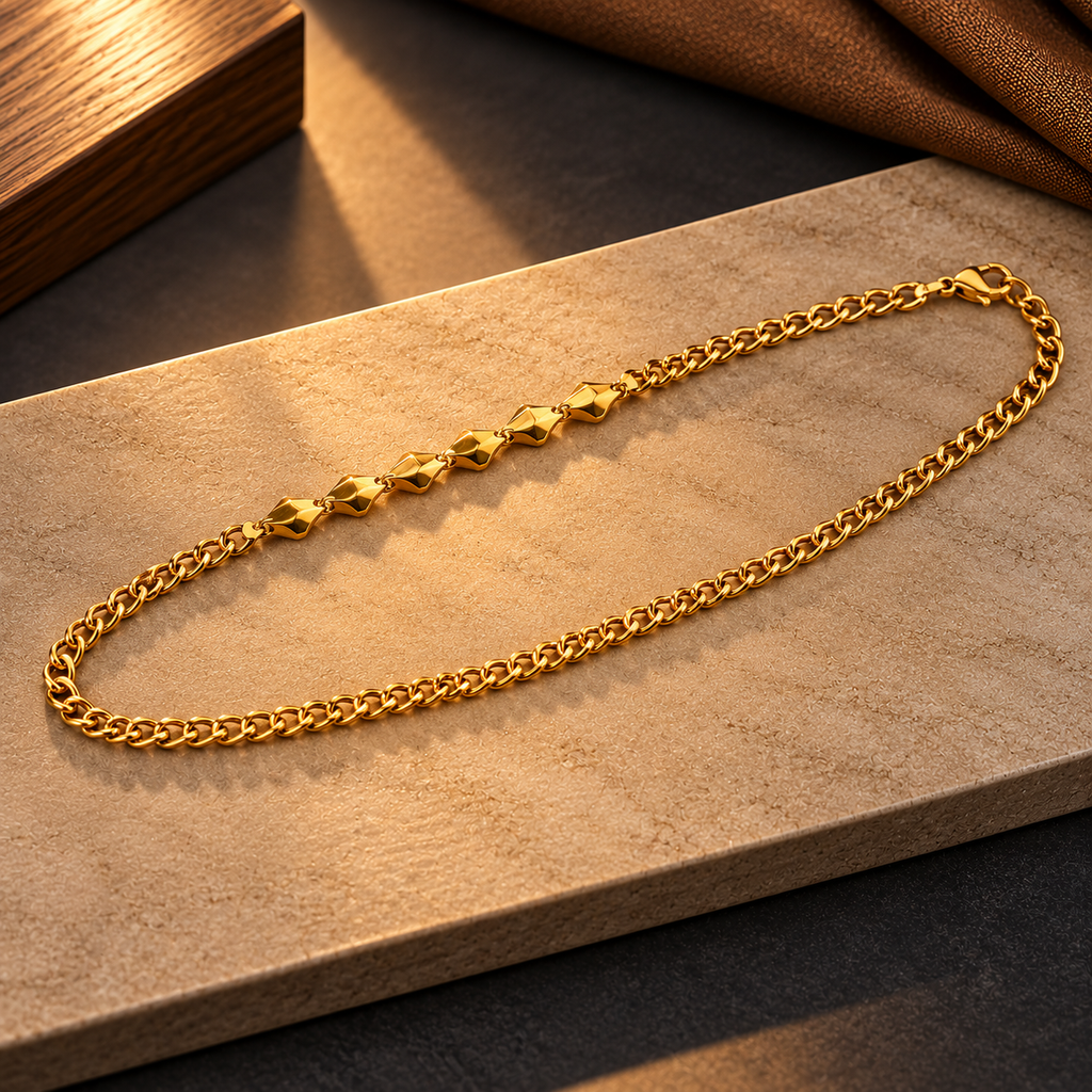 Stainless Steel Gold Finish Geometric Link Chain Necklace for Men, 50 cm Length, 8 mm Width | Stylish Modern Fashion Jewellery for Party Wear, Casual Wear & Gifting