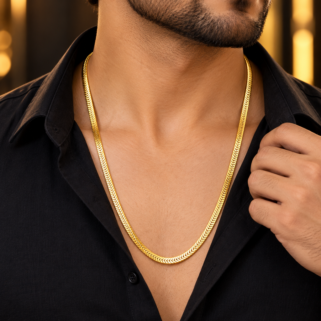 Stainless Steel Golden Herringbone Chain Necklace for Men, 64 cm Long Flat Snake Style Gold Tone Chain, 4 mm Width, Stylish Minimalist Fashion Jewellery for Casual and Party Wear