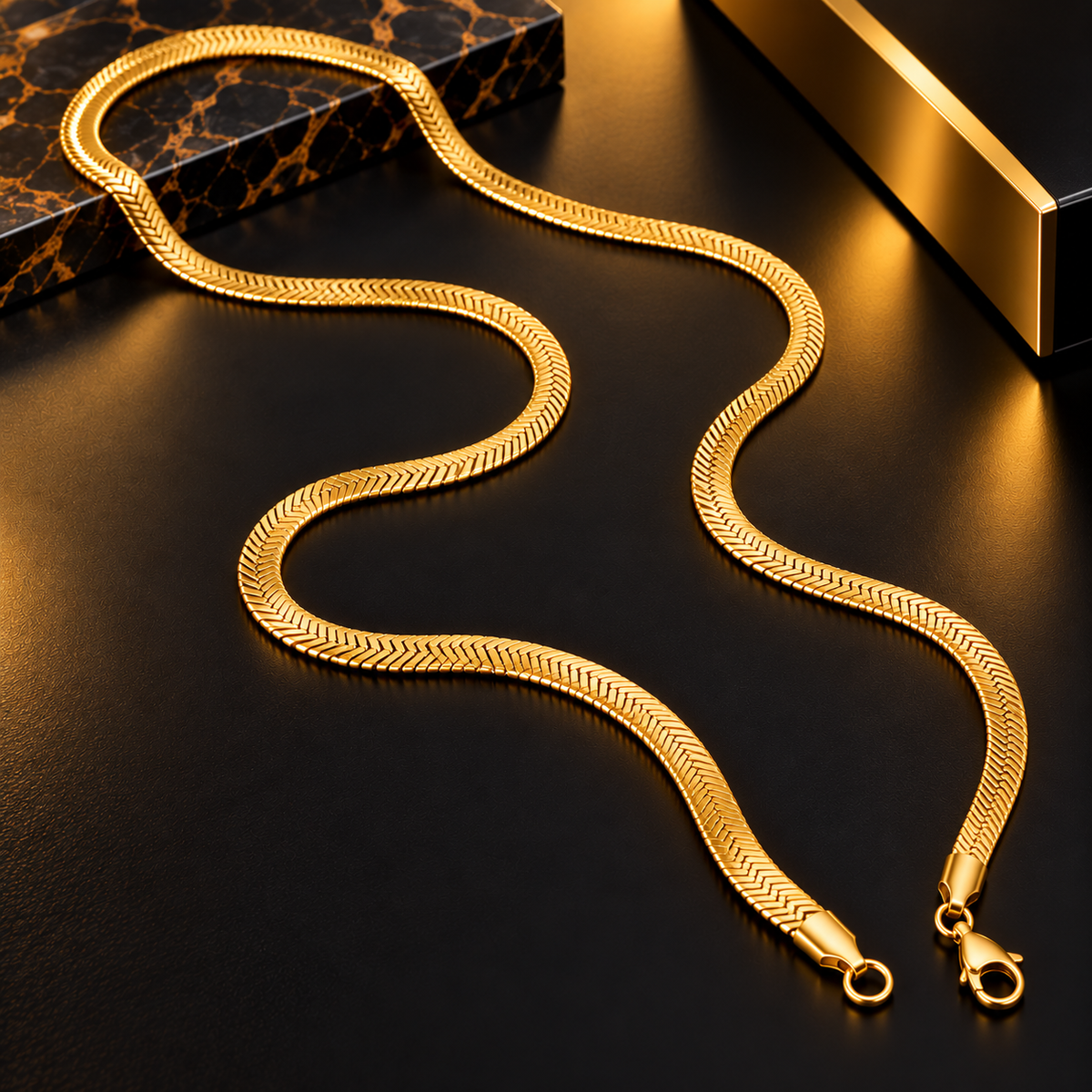 Stainless Steel Golden Herringbone Chain Necklace for Men, 64 cm Long Flat Snake Style Gold Tone Chain, 4 mm Width, Stylish Minimalist Fashion Jewellery for Casual and Party Wear