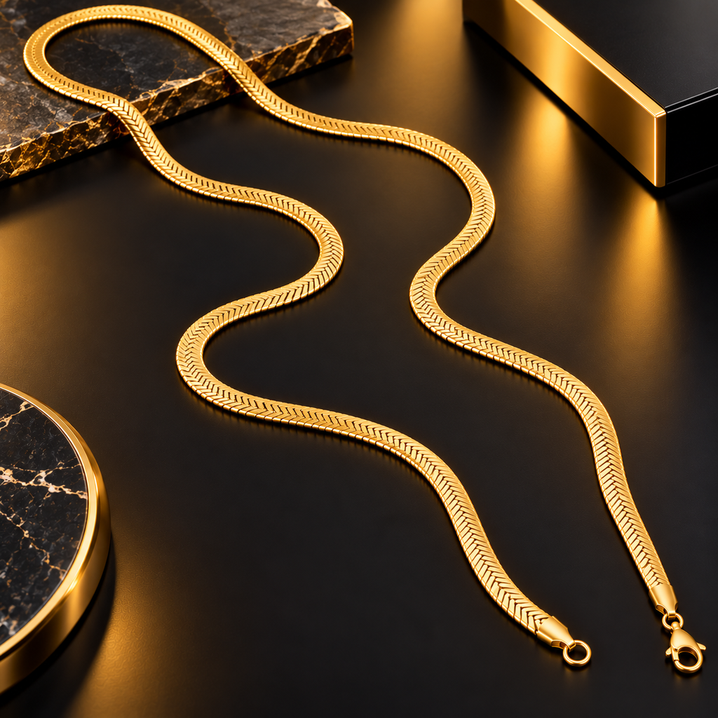 Stainless Steel Golden Herringbone Chain Necklace for Men, 64 cm Long Flat Snake Style Gold Tone Chain, 4 mm Width, Stylish Minimalist Fashion Jewellery for Casual and Party Wear