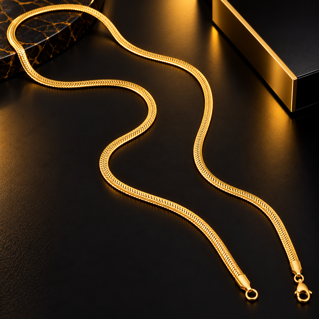 Stainless Steel Golden Herringbone Chain Necklace for Men, 64 cm Long Flat Snake Style Gold Tone Chain, 4 mm Width, Stylish Minimalist Fashion Jewellery for Casual and Party Wear