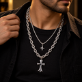 Stainless Steel Silver Layered Cross Pendant Necklace Set for Men, 56 cm Length, 6 mm Chain Width | Double Layer Gothic Cross Chain Jewellery, Stylish Fashion Accessory for Party Wear & Gifting