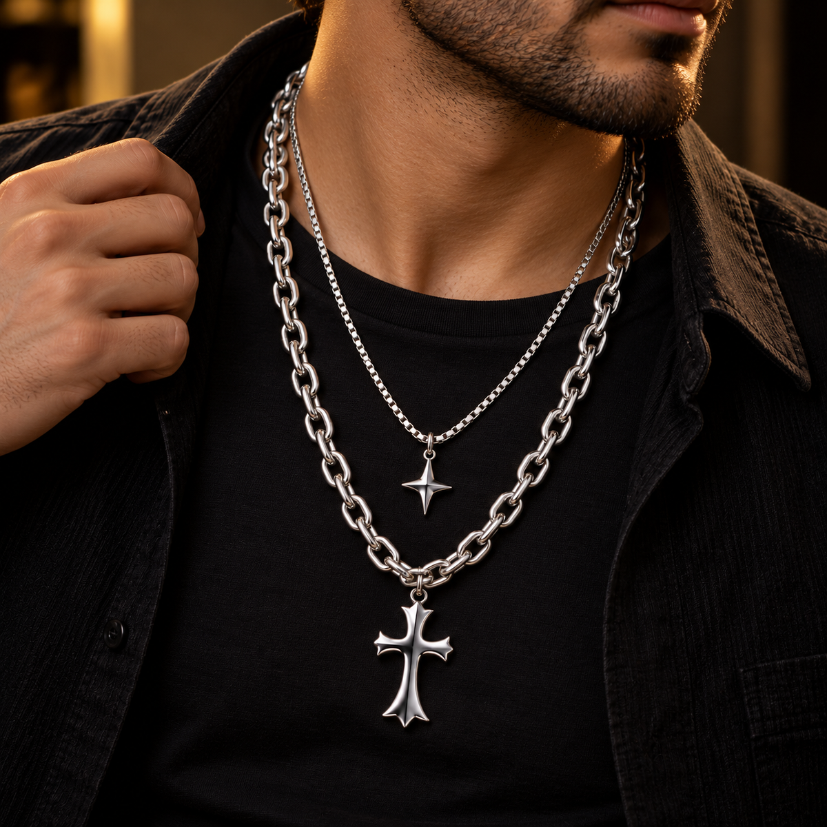 Stainless Steel Silver Layered Cross Pendant Necklace Set for Men, 56 cm Length, 6 mm Chain Width | Double Layer Gothic Cross Chain Jewellery, Stylish Fashion Accessory for Party Wear & Gifting